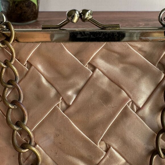 Vintage 1950s Woven Satin Handbag With Vinyl Overlay Chain Handle Gold - Picture 11 of 14
